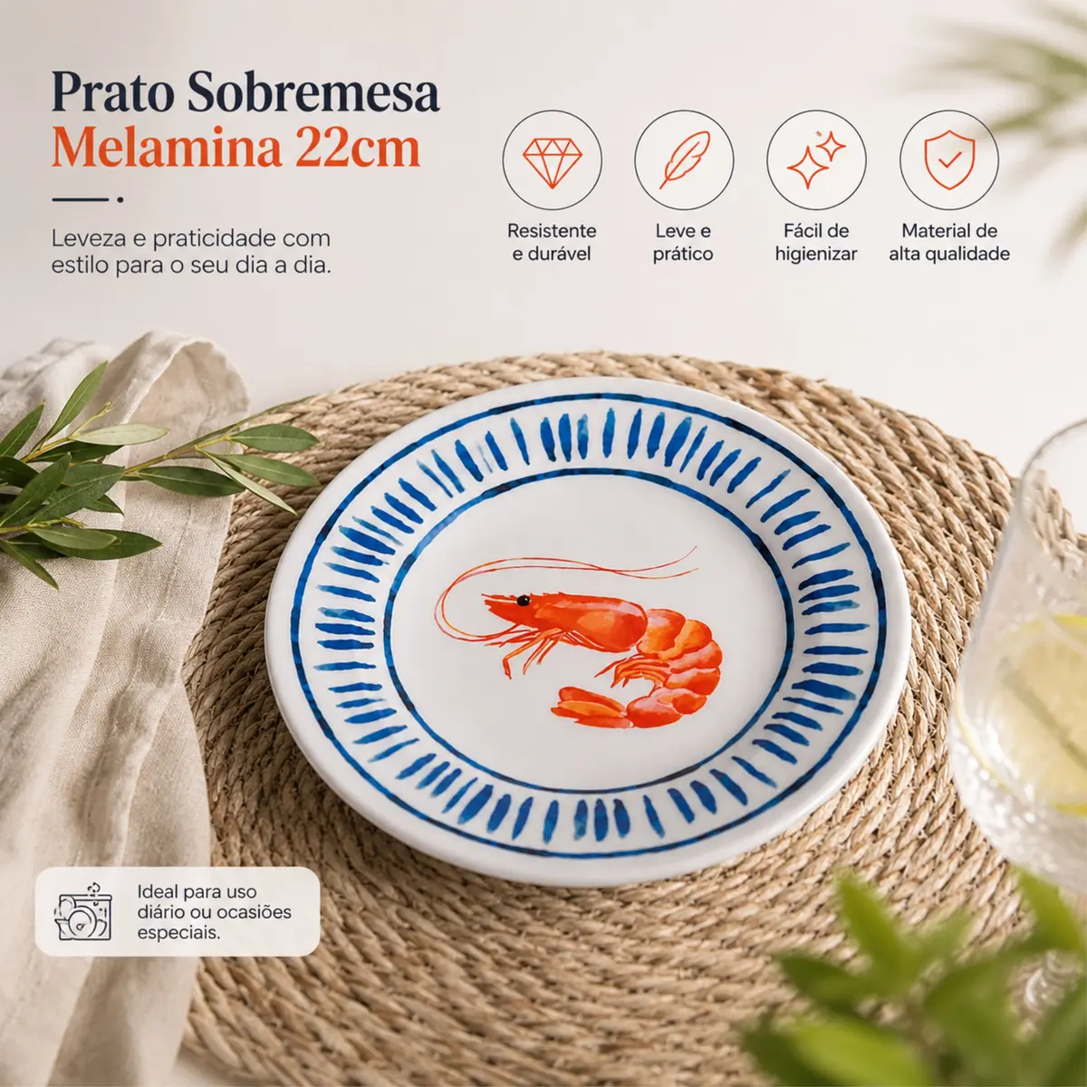 Prato de Sobremesa em Melamina 22cm Estampa Camarão