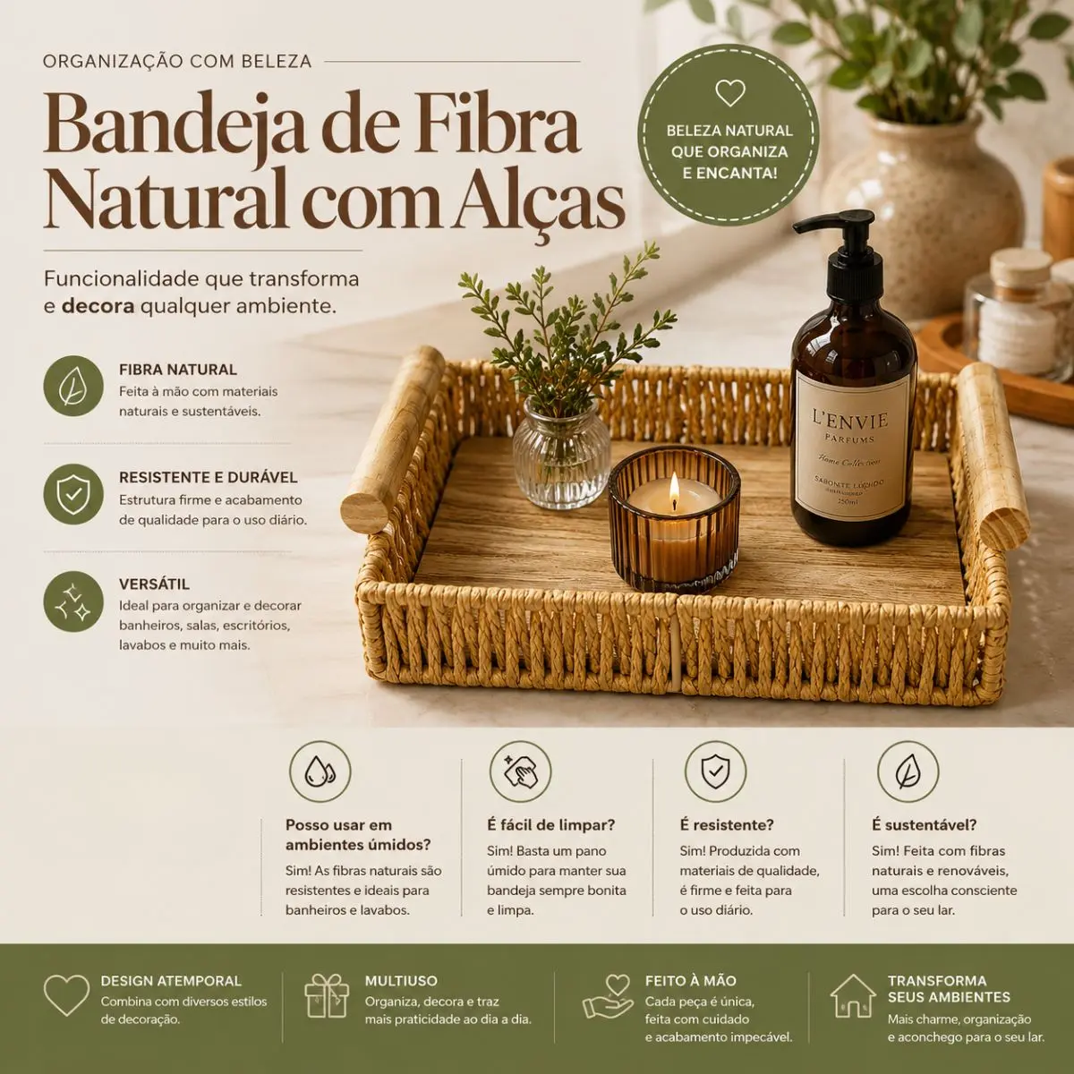 Bandeja Quadrada de Cestaria com Alças e Detalhe Madeira