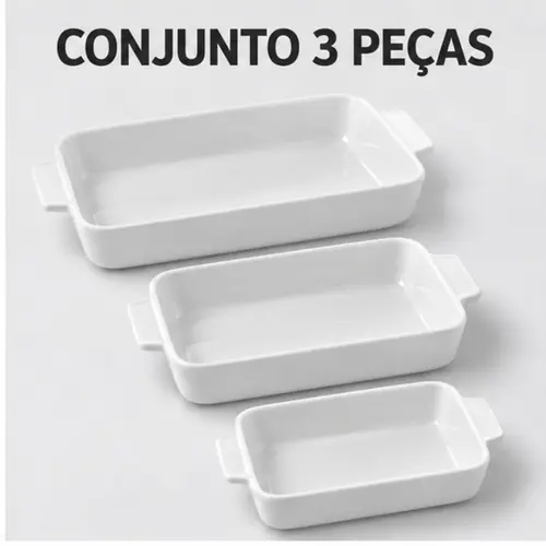 Conjunto 3 Refratários Retangulares de Porcelana Branca com Alças Basic Lyor