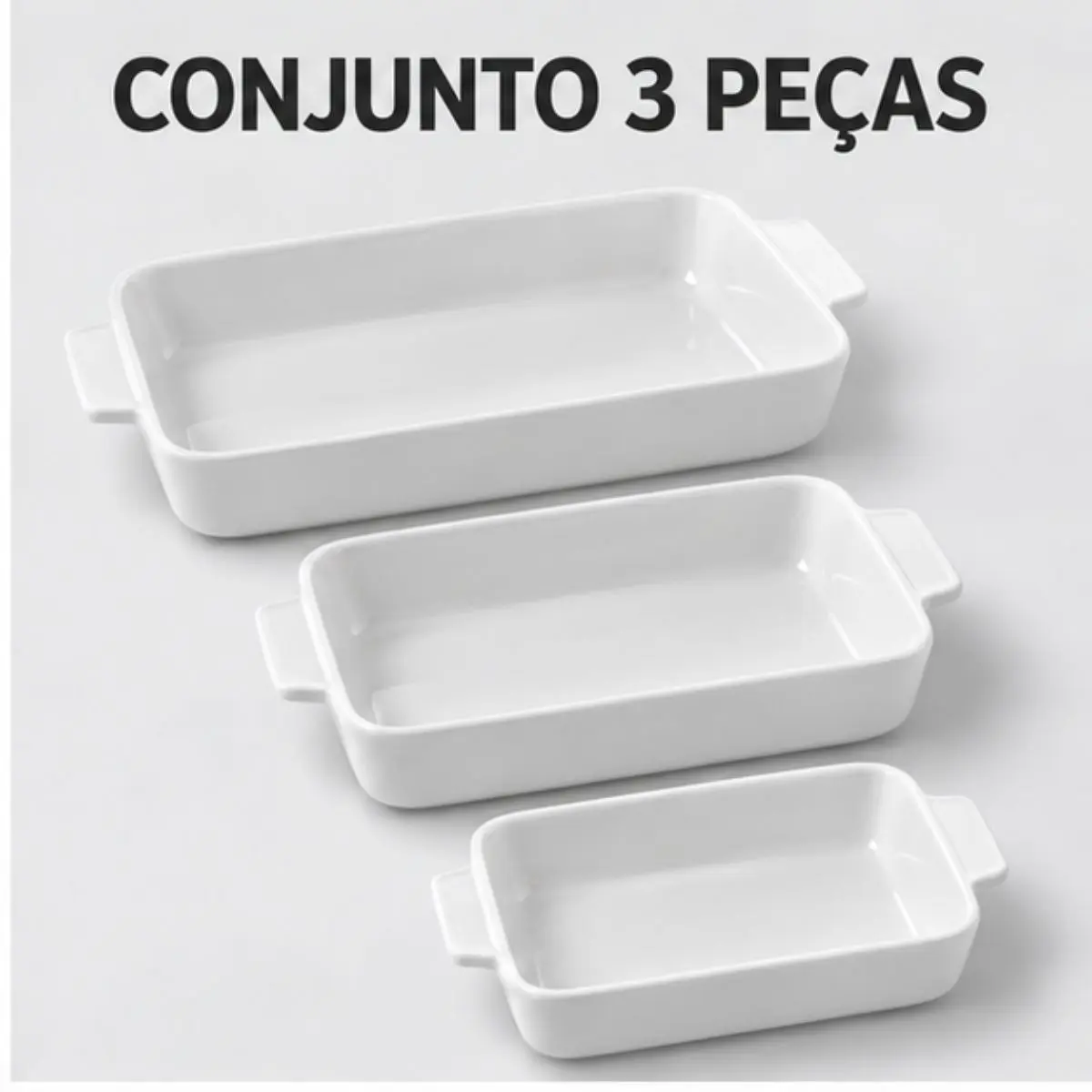 Conjunto 3 Refratários Retangulares de Porcelana Branca com Alças Basic Lyor