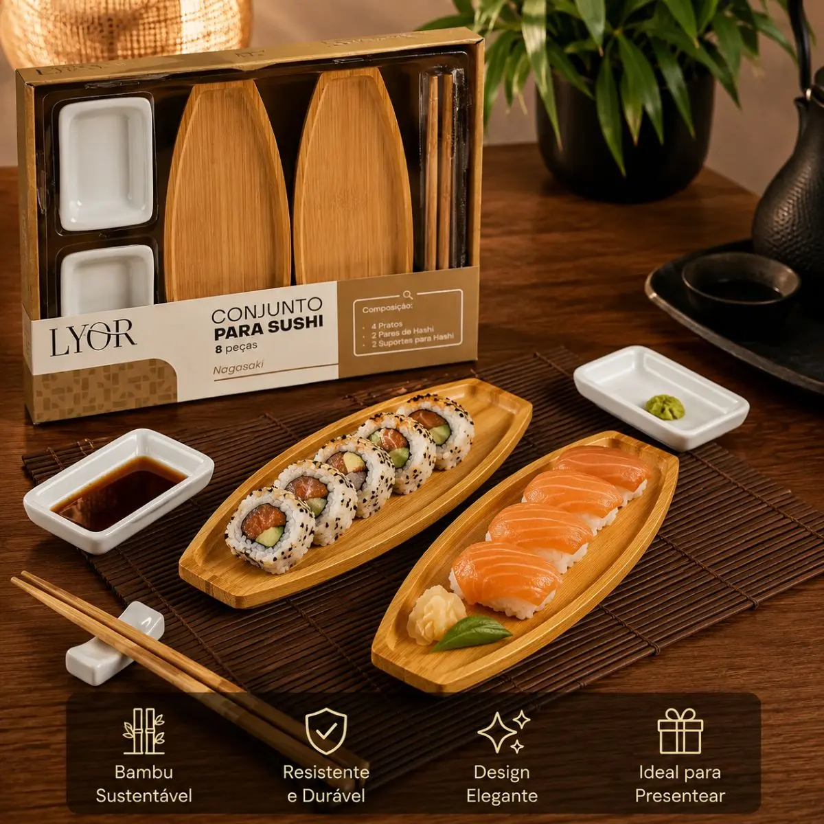 Kit para Sushi Nagasaki em Bambu 8 Peças