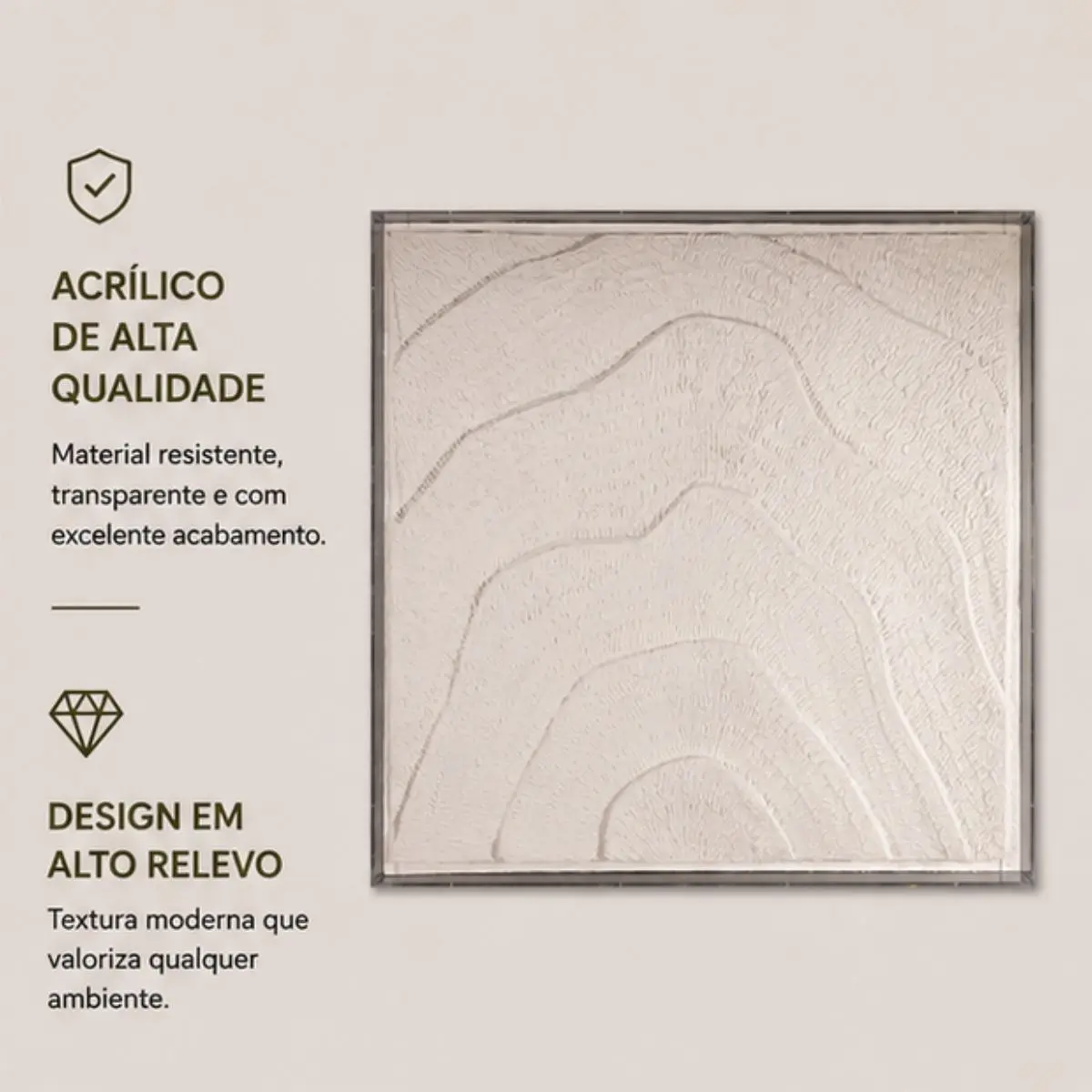 Quadro Decorativo RELIEF Off White 100x100cm Grande com Relevo Moderno para Sala e Parede