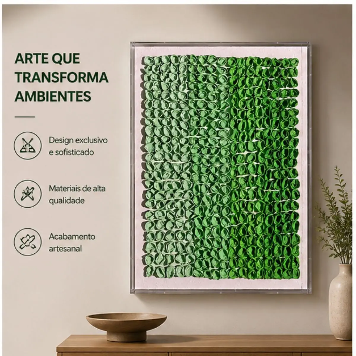 Quadro Decorativo Verde 80x60cm com Textura em Relevo para Sala e Ambientes