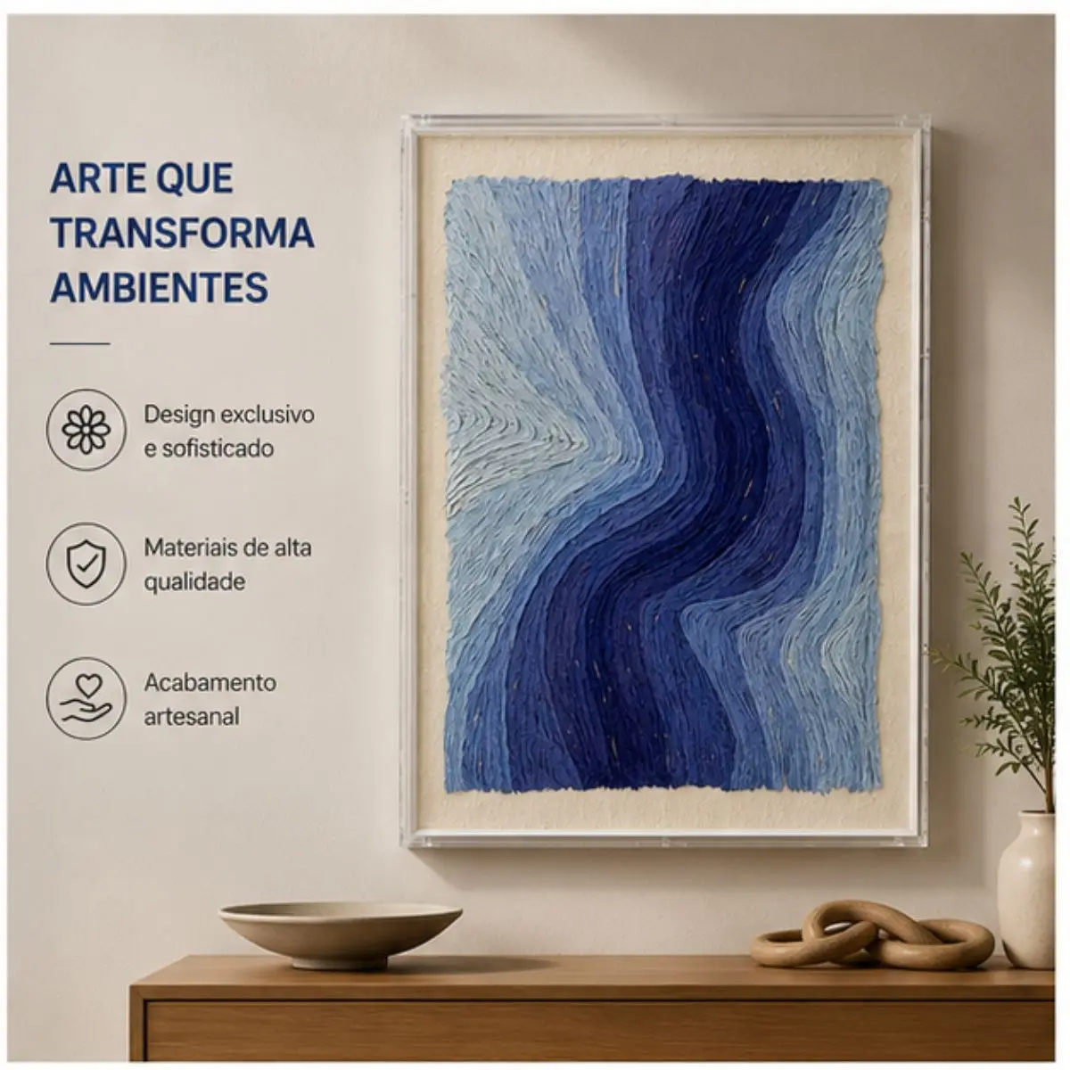 Quadro Decorativo Azul 80x60cm com Textura em Relevo e Moldura Acrílica