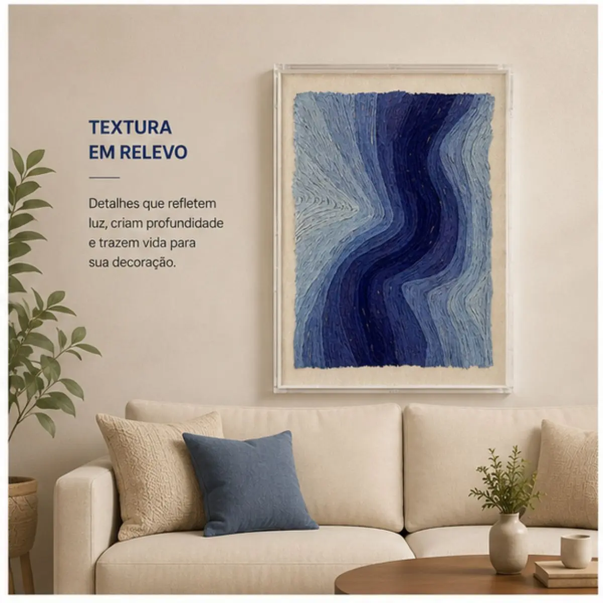 Quadro Decorativo Azul 80x60cm com Textura em Relevo e Moldura Acrílica