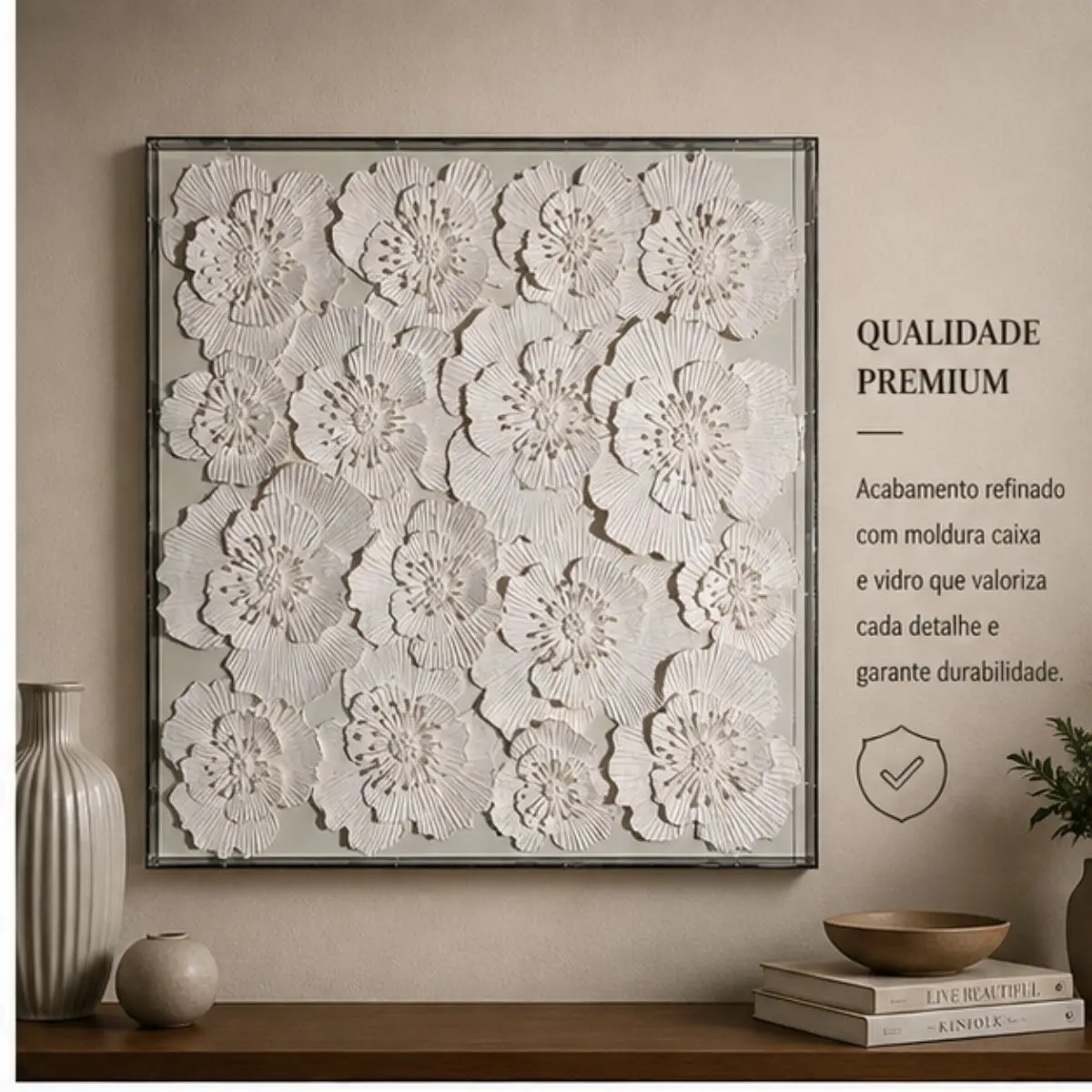 Quadro Decorativo Branco 100x100cm com Flores em Relevo Design Moderno