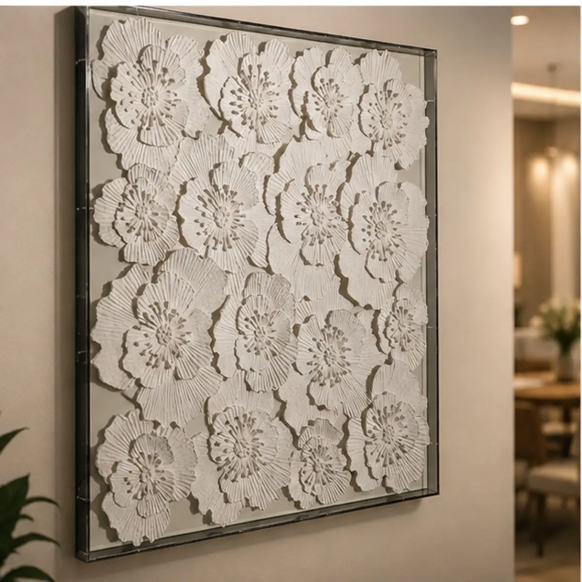 Quadro Decorativo Branco 100x100cm com Flores em Relevo Design Moderno