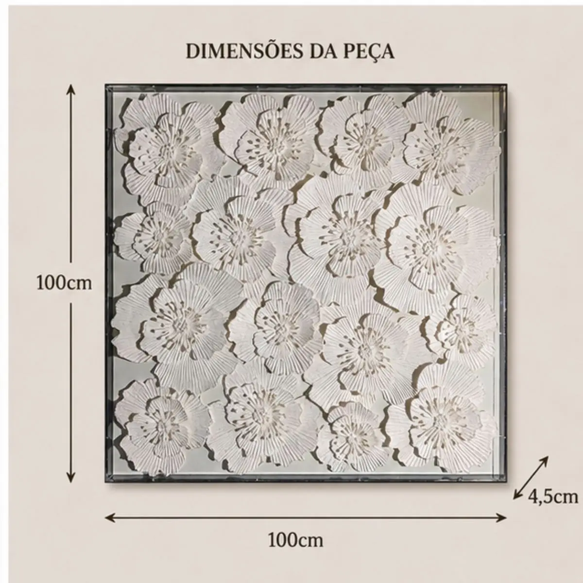 Quadro Decorativo Branco 100x100cm com Flores em Relevo Design Moderno