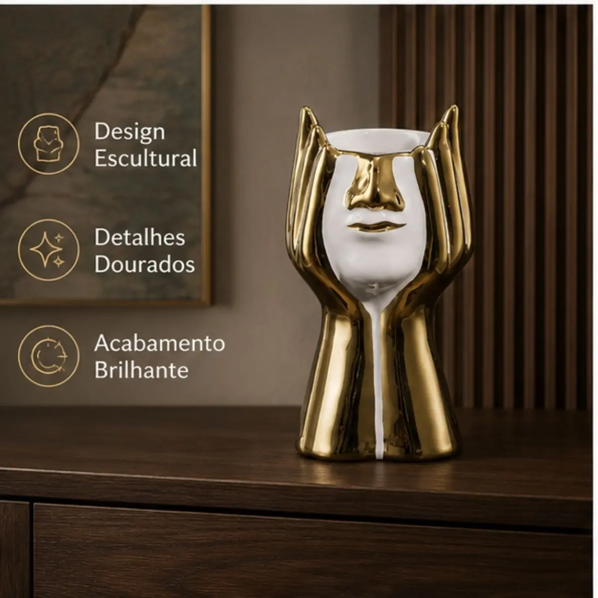 Cachepô Decorativo Hands Branco e Dourado 21x11,5cm
