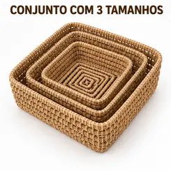 Kit 3 Cestos Organizadores Quadrados de Fibra Natural em 3 Tamanhos