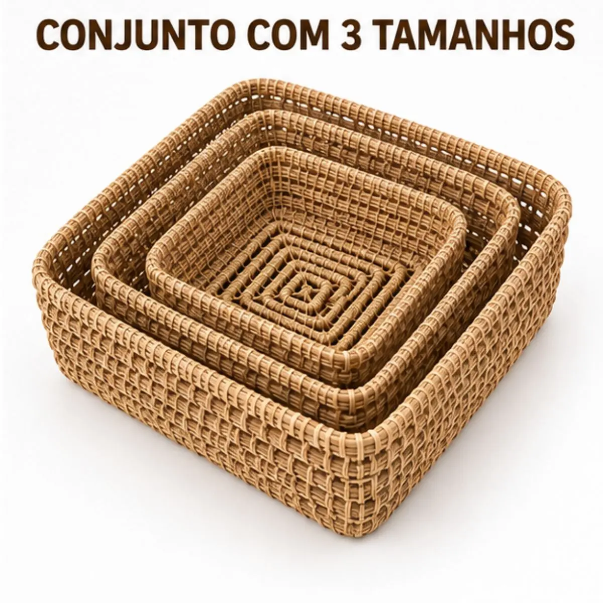 Kit 3 Cestos Organizadores Quadrados de Fibra Natural em 3 Tamanhos