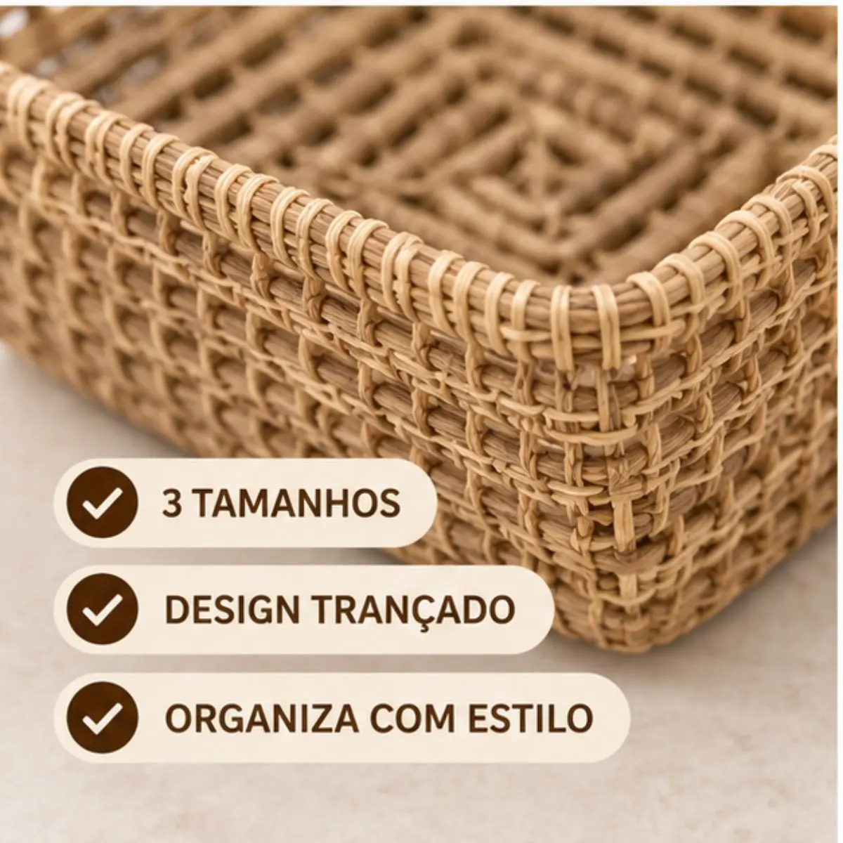 Kit 3 Cestos Organizadores Quadrados de Fibra Natural em 3 Tamanhos