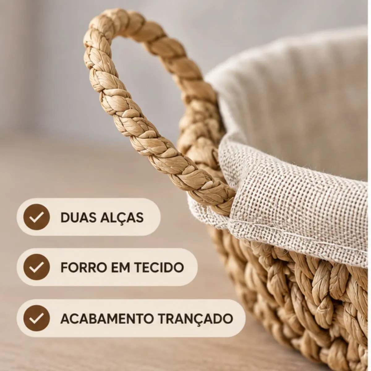 Cesta Organizadora Redonda em Papel Trançado com Alças e Forro 26,5x12cm