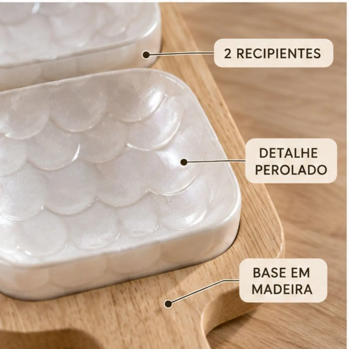 Petisqueira Retangular de Madeira com 2 Recipientes Perolados