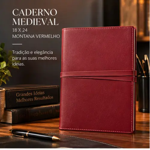 Caderno Medieval Montana Vermelho com Capa Decorativa 18 x 24 cm